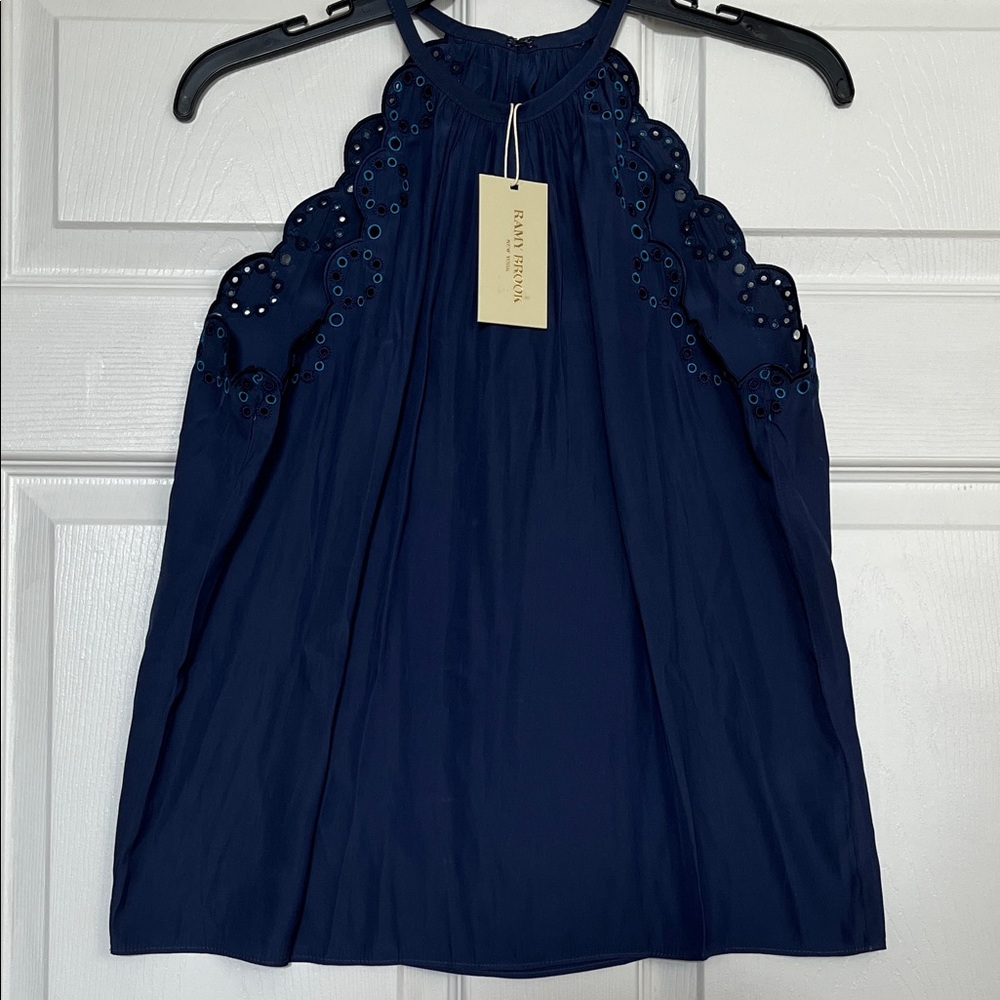 Ramy Brook Navy Embroidered Sleeveless Eyelet Scallop Trim Top Women’s XS - NWT